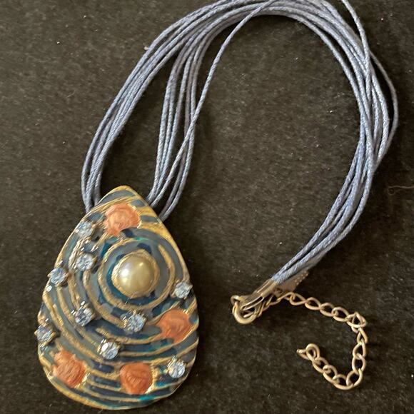 Large Metal Teardrop Rhinestone Blue Pendant Necklace - Picture 1 of 4